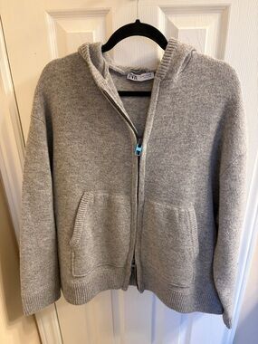 Zara Wool Gray Hooded Zip Knit Jacket